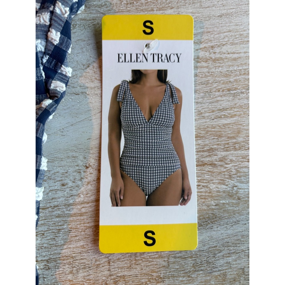 NWT Size Small Ellen Tracy One Piece Swimsuit Navy Gingham Ruched Halter - Picture 3 of 5
